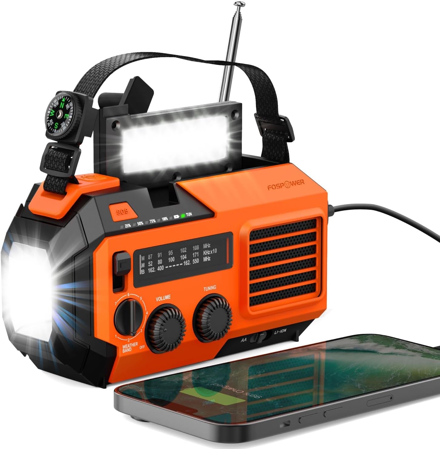 FosPower Emergency Weather Radio – Hand Crank, Solar & Battery Powered | NOAA, AM/FM, Flashlight, SOS Alarm & Phone Charger for Family Road Trips & Disaster Preparedness