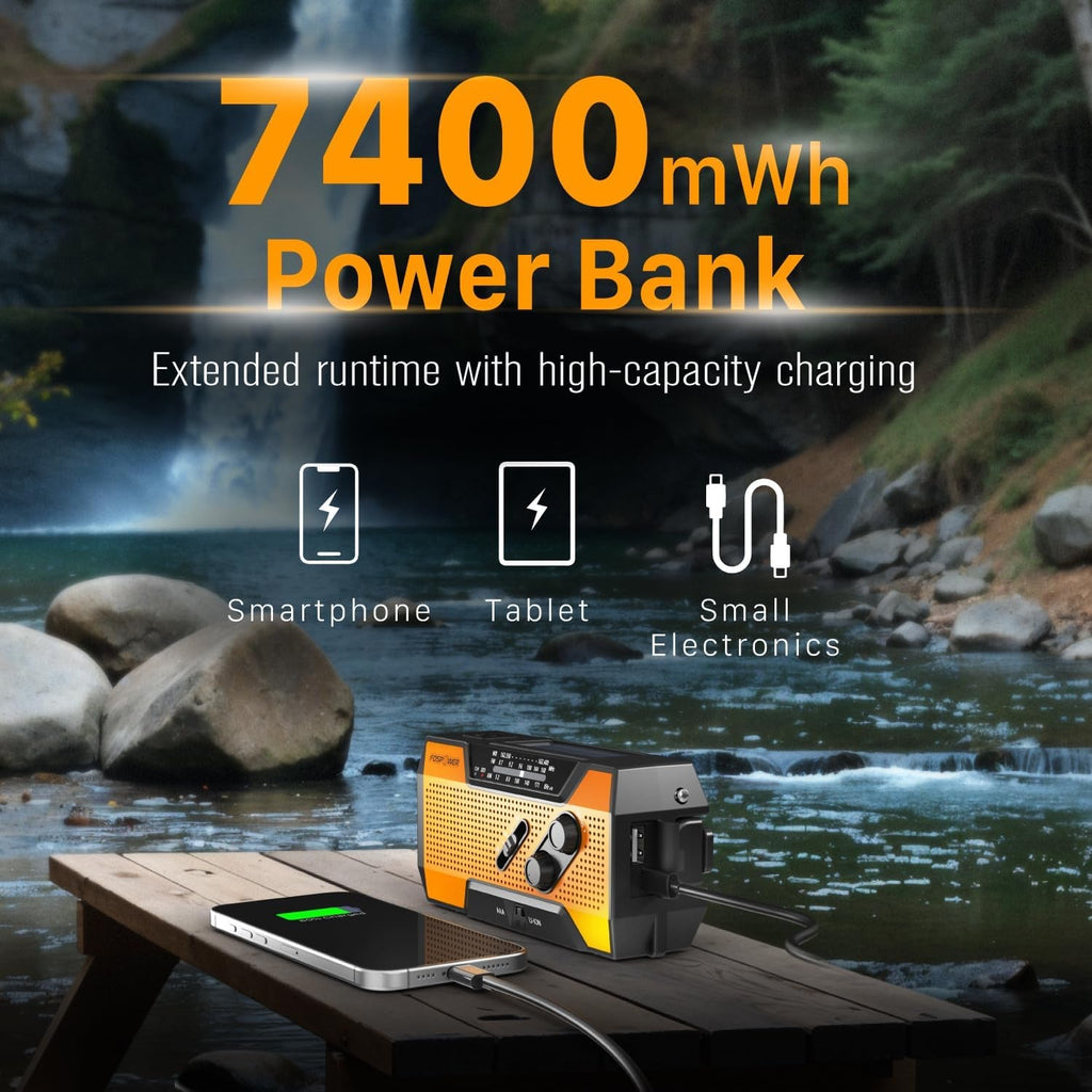 FosPower Emergency Weather Radio – Hand Crank, Solar & Battery Powered | NOAA, AM/FM, Flashlight, SOS Alarm & Phone Charger for Family Road Trips & Disaster Preparedness