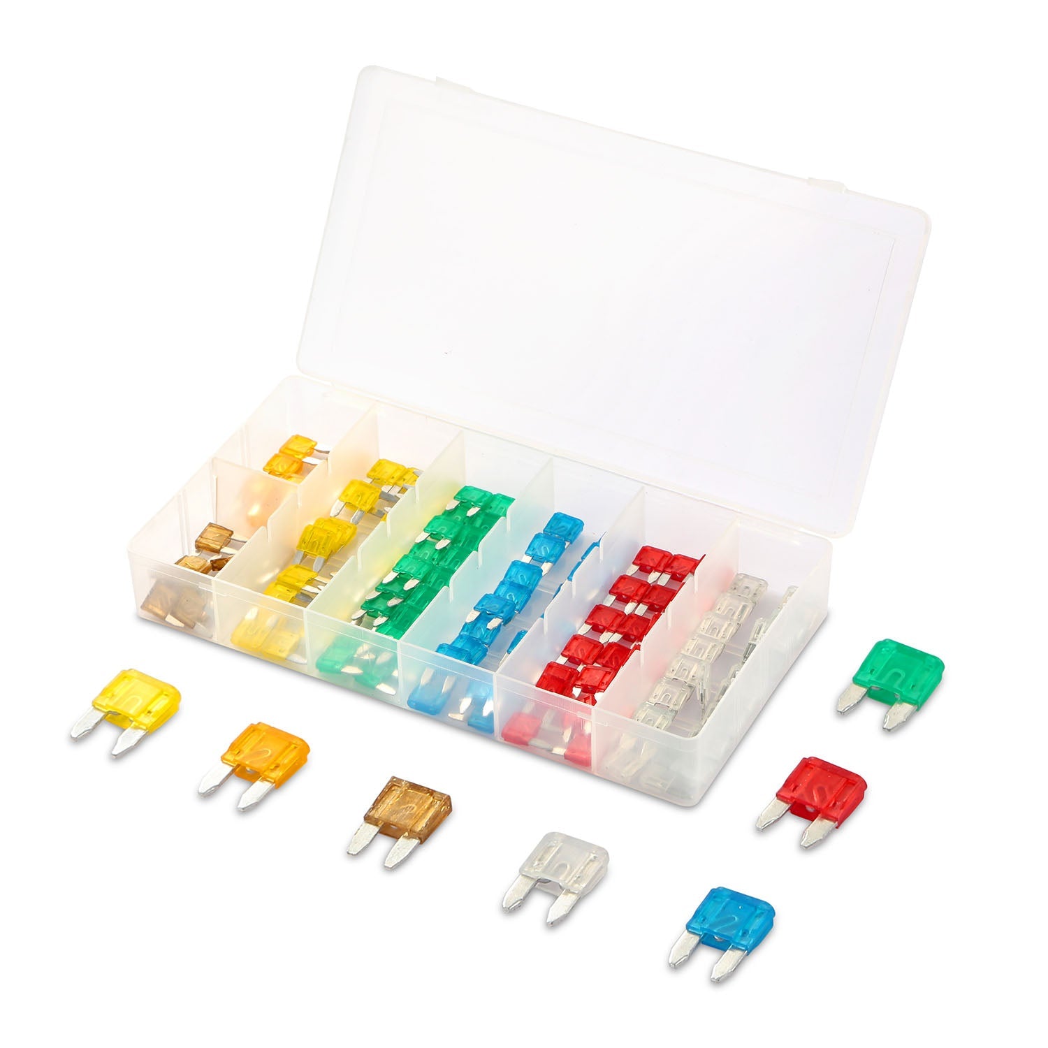 120-Piece Mini Blade Fuse Assortment – 7 Amp Ratings with Storage Box for Cars, Trucks, SUVs & RVs