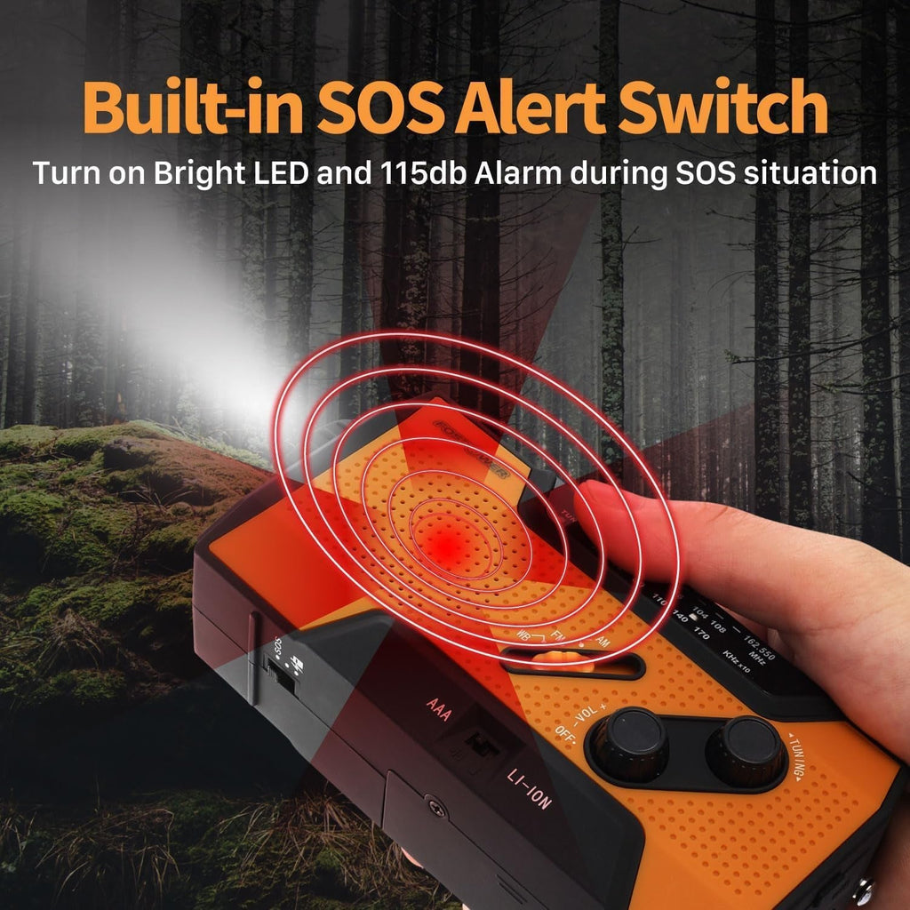 FosPower Emergency Weather Radio – Hand Crank, Solar & Battery Powered | NOAA, AM/FM, Flashlight, SOS Alarm & Phone Charger for Family Road Trips & Disaster Preparedness