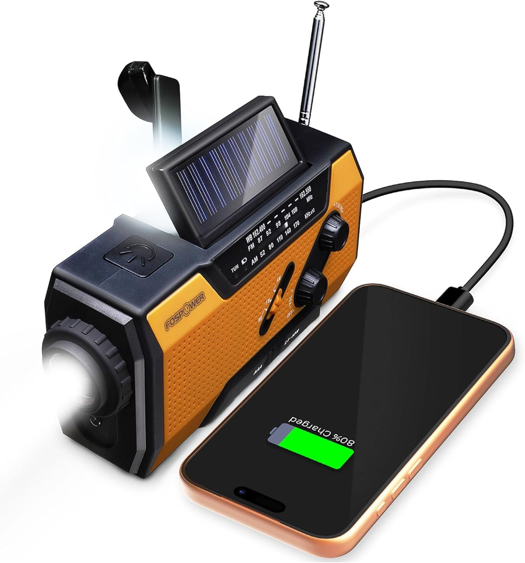 FosPower Emergency Weather Radio – Hand Crank, Solar & Battery Powered | NOAA, AM/FM, Flashlight, SOS Alarm & Phone Charger for Family Road Trips & Disaster Preparedness