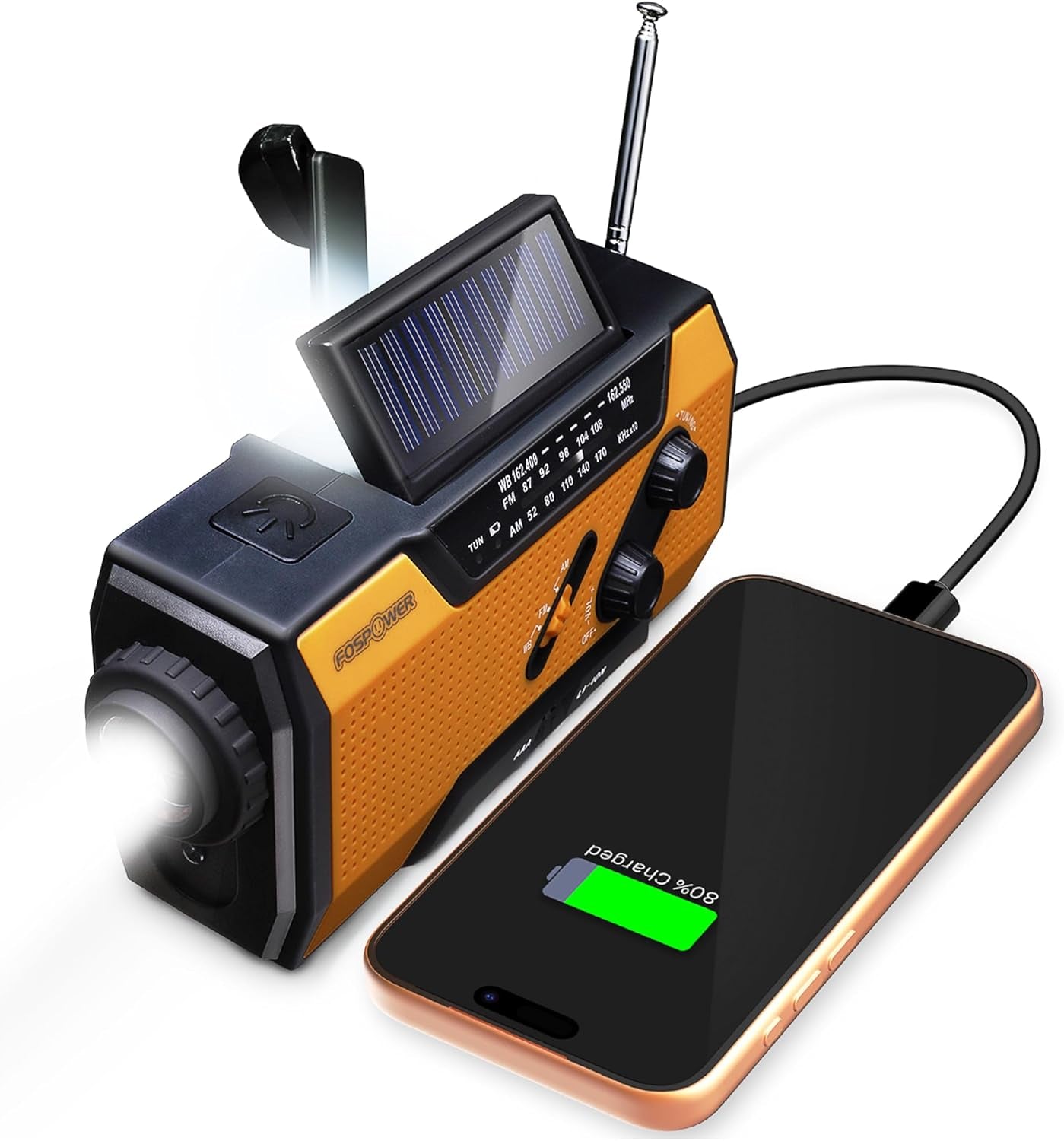 FosPower Emergency Weather Radio – Hand Crank, Solar & Battery Powered | NOAA, AM/FM, Flashlight, SOS Alarm & Phone Charger for Family Road Trips & Disaster Preparedness