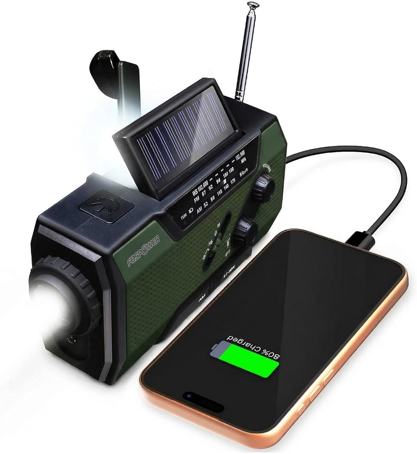 FosPower Emergency Weather Radio – Hand Crank, Solar & Battery Powered | NOAA, AM/FM, Flashlight, SOS Alarm & Phone Charger for Family Road Trips & Disaster Preparedness