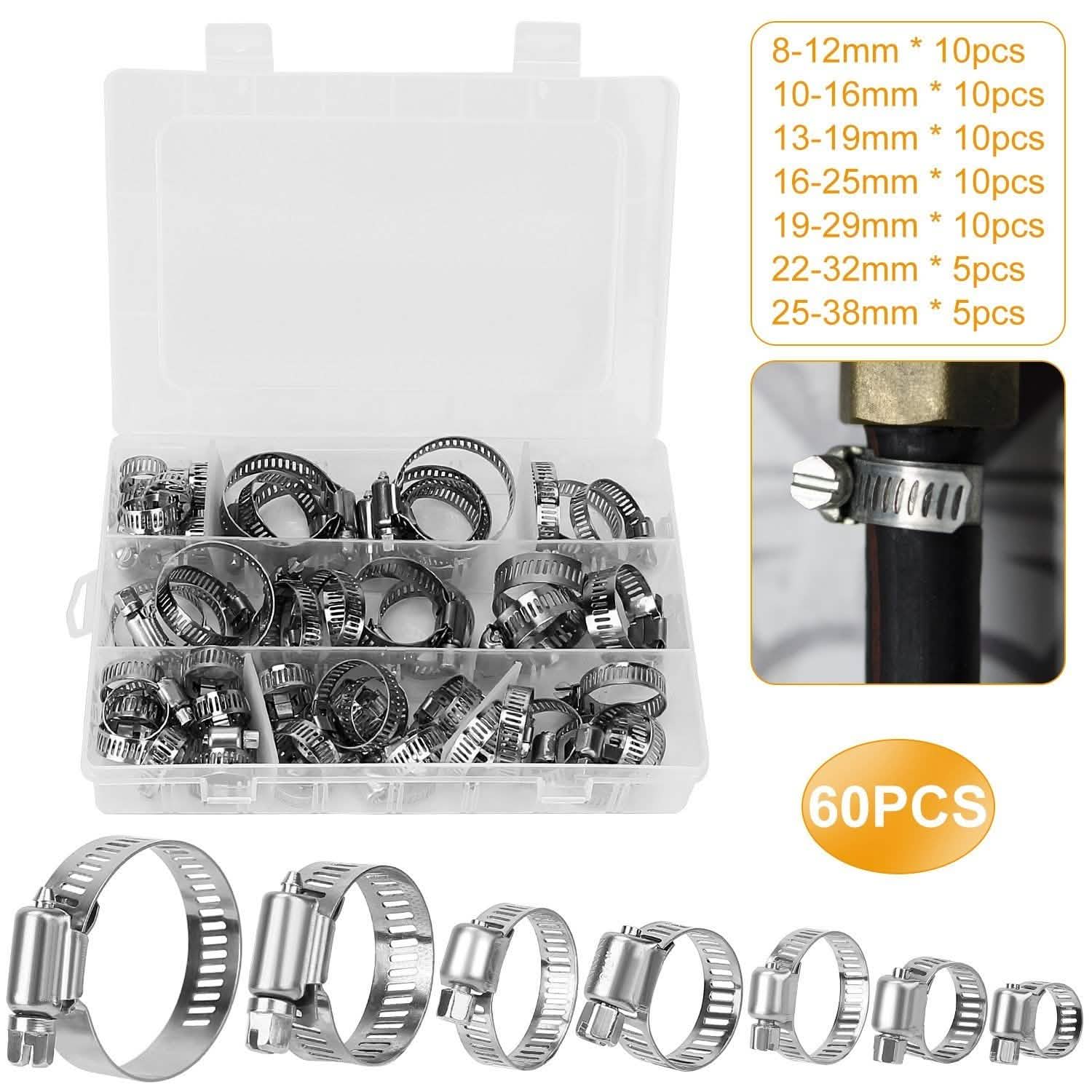 60-Piece Stainless Steel Hose Clamp Set – Adjustable Worm Gear Clamps for Car, RV & Home Repairs