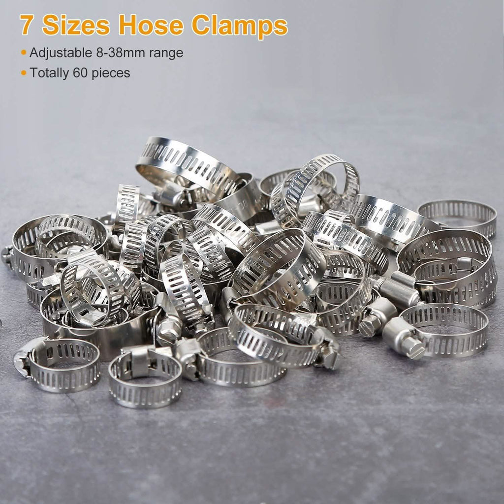 60-Piece Stainless Steel Hose Clamp Set – Adjustable Worm Gear Clamps for Car, RV & Home Repairs