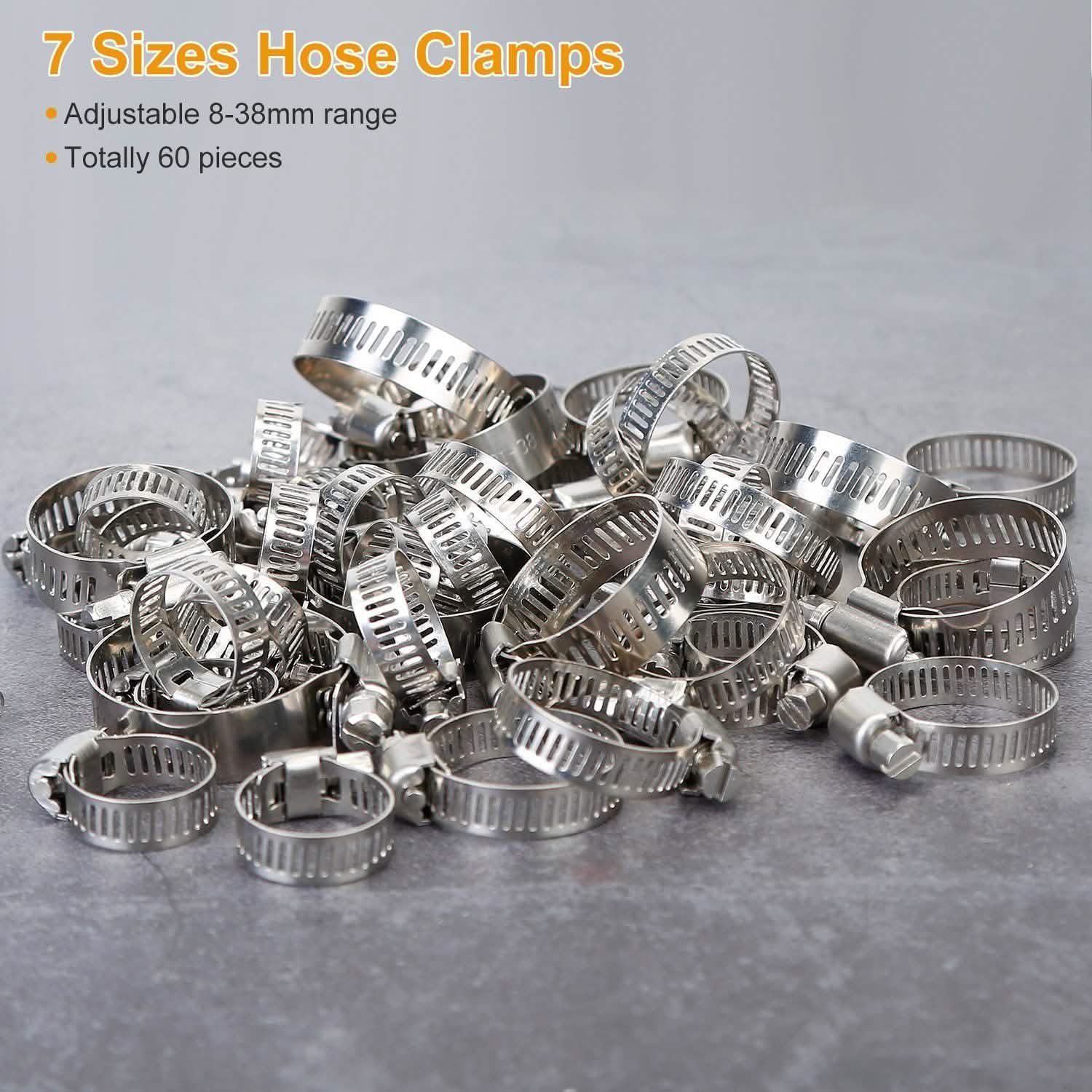 60-Piece Stainless Steel Hose Clamp Set – Adjustable Worm Gear Clamps for Car, RV & Home Repairs