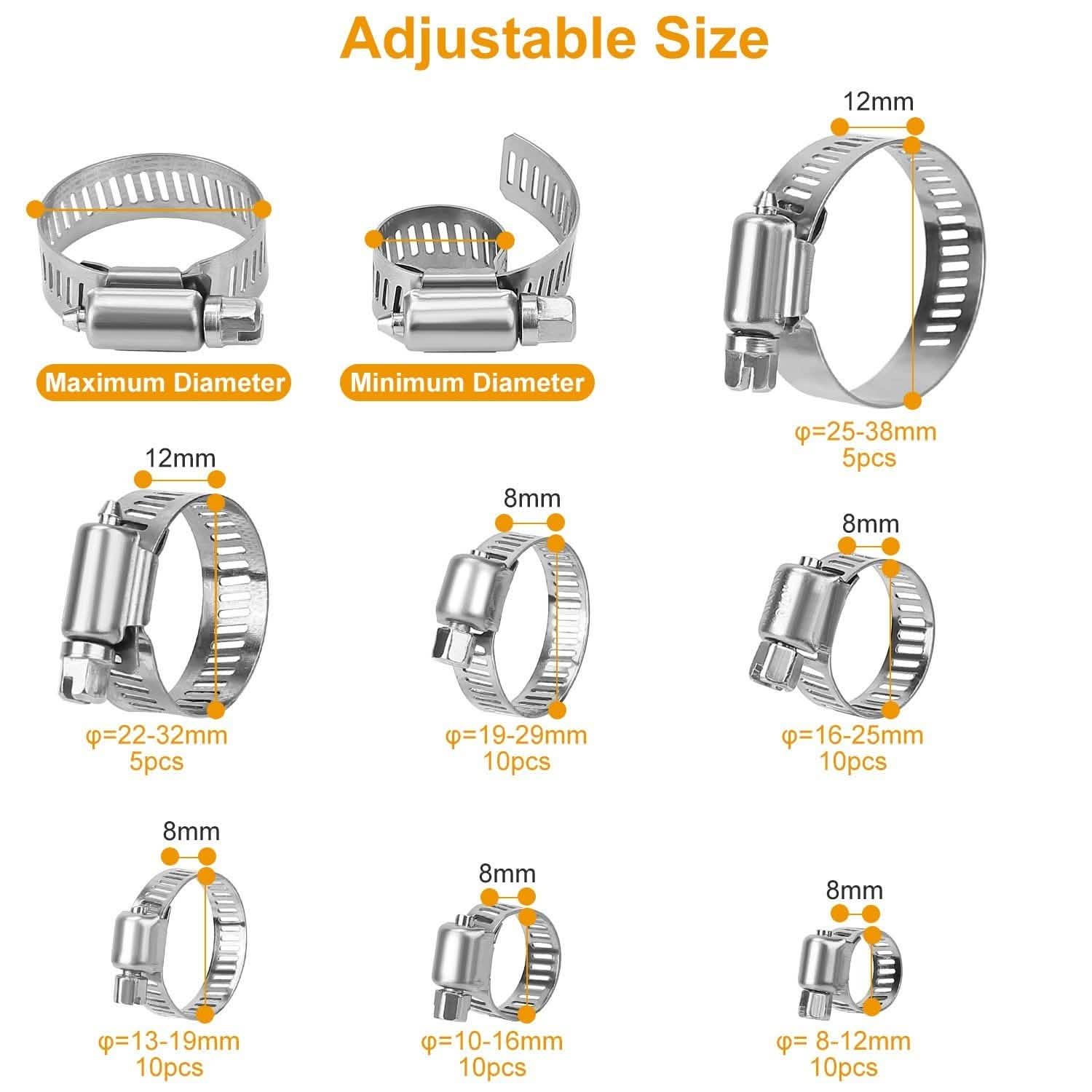 60-Piece Stainless Steel Hose Clamp Set – Adjustable Worm Gear Clamps for Car, RV & Home Repairs