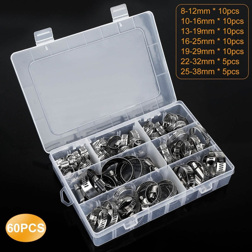 60-Piece Stainless Steel Hose Clamp Set – Adjustable Worm Gear Clamps for Car, RV & Home Repairs