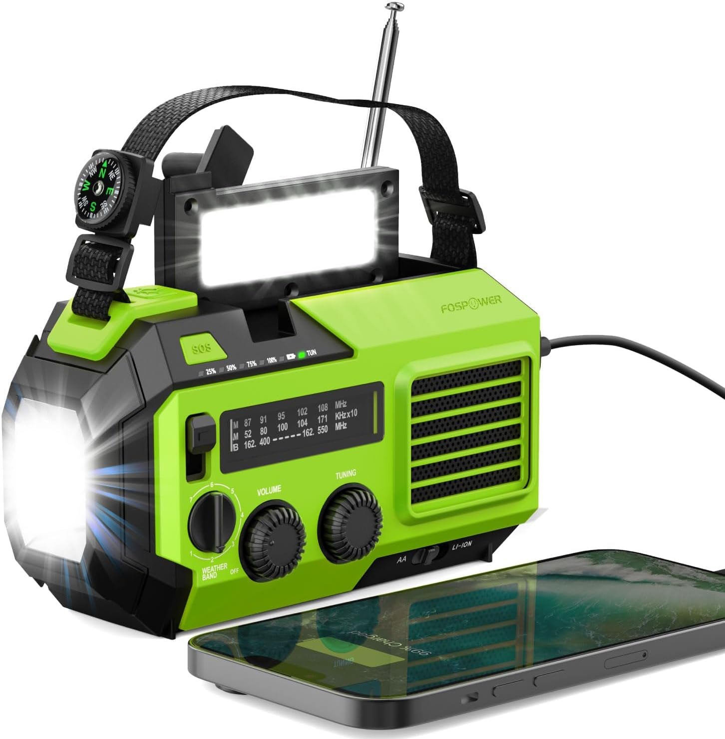 FosPower Emergency Weather Radio – Hand Crank, Solar & Battery Powered | NOAA, AM/FM, Flashlight, SOS Alarm & Phone Charger for Family Road Trips & Disaster Preparedness