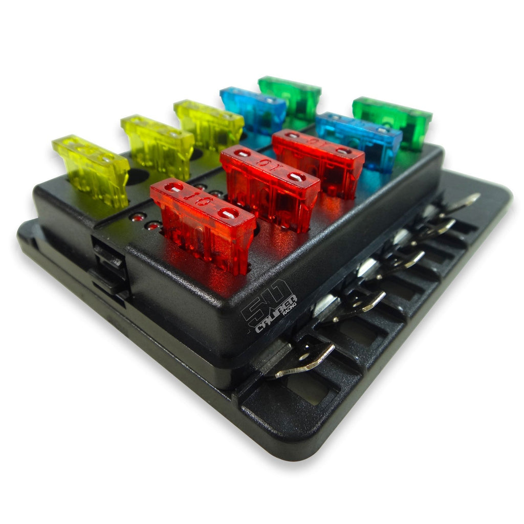 10-Way Blade Fuse Box with LED Indicators – Universal 12V/24V Circuit Distribution Block | Cars, Trucks, Boats, RVs & Off-Road Vehicles