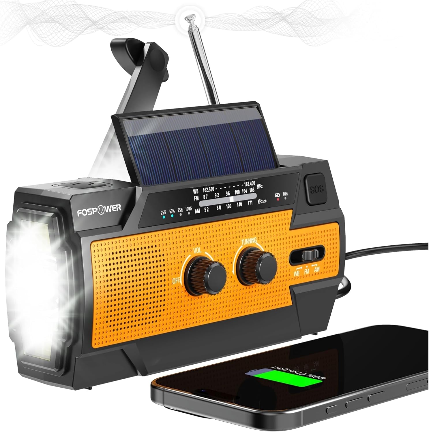 FosPower Emergency Weather Radio – Hand Crank, Solar & Battery Powered | NOAA, AM/FM, Flashlight, SOS Alarm & Phone Charger for Family Road Trips & Disaster Preparedness