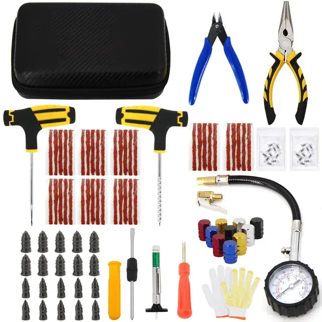 Car & Bicycle Tire Repair Tool Kit – 5-Piece Set with Needle-Nose Pliers, Vacuum Film & Portable Case | Roadside Emergency Puncture Repair