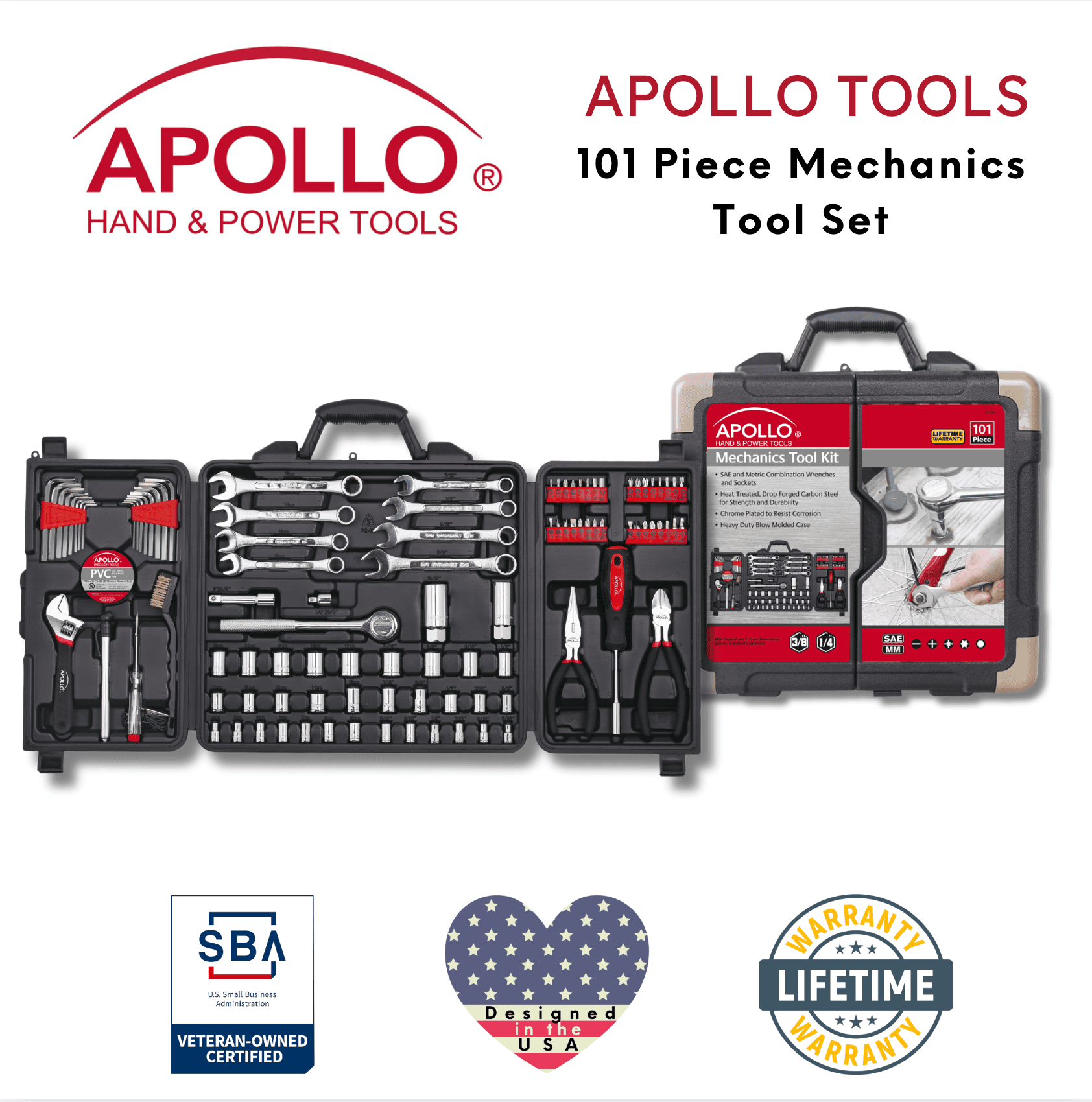 Apollo Tools 101-Piece Mechanic Tool Set – Roadside & Home Repair Kit for Car, Boat, RV & Family