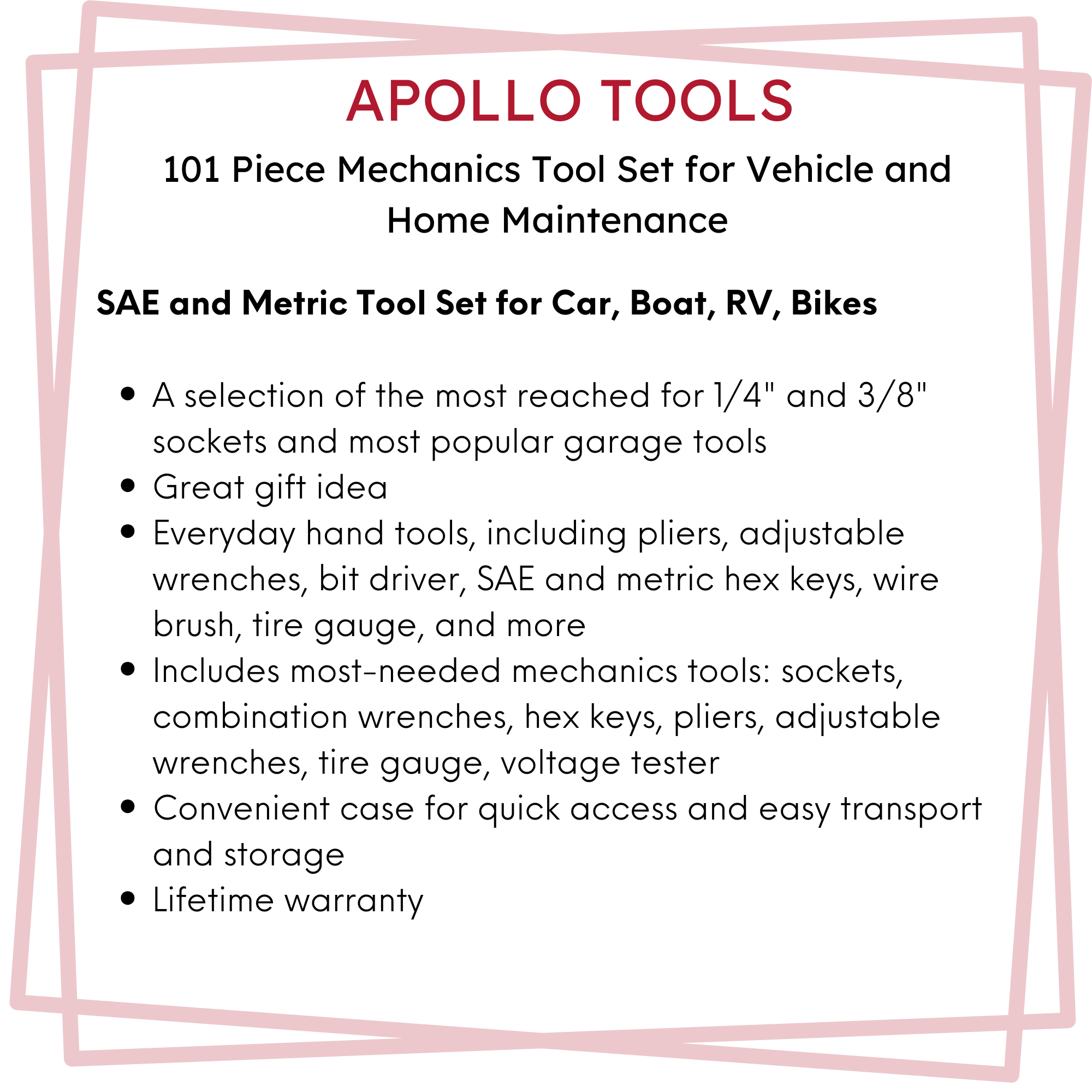 Apollo Tools 101-Piece Mechanic Tool Set – Roadside & Home Repair Kit for Car, Boat, RV & Family