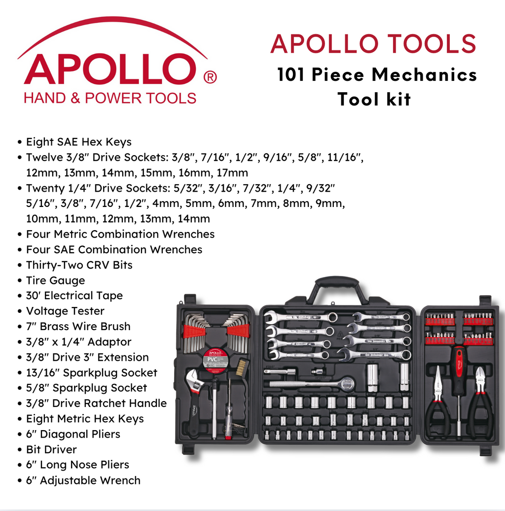 Apollo Tools 101-Piece Mechanic Tool Set – Roadside & Home Repair Kit for Car, Boat, RV & Family