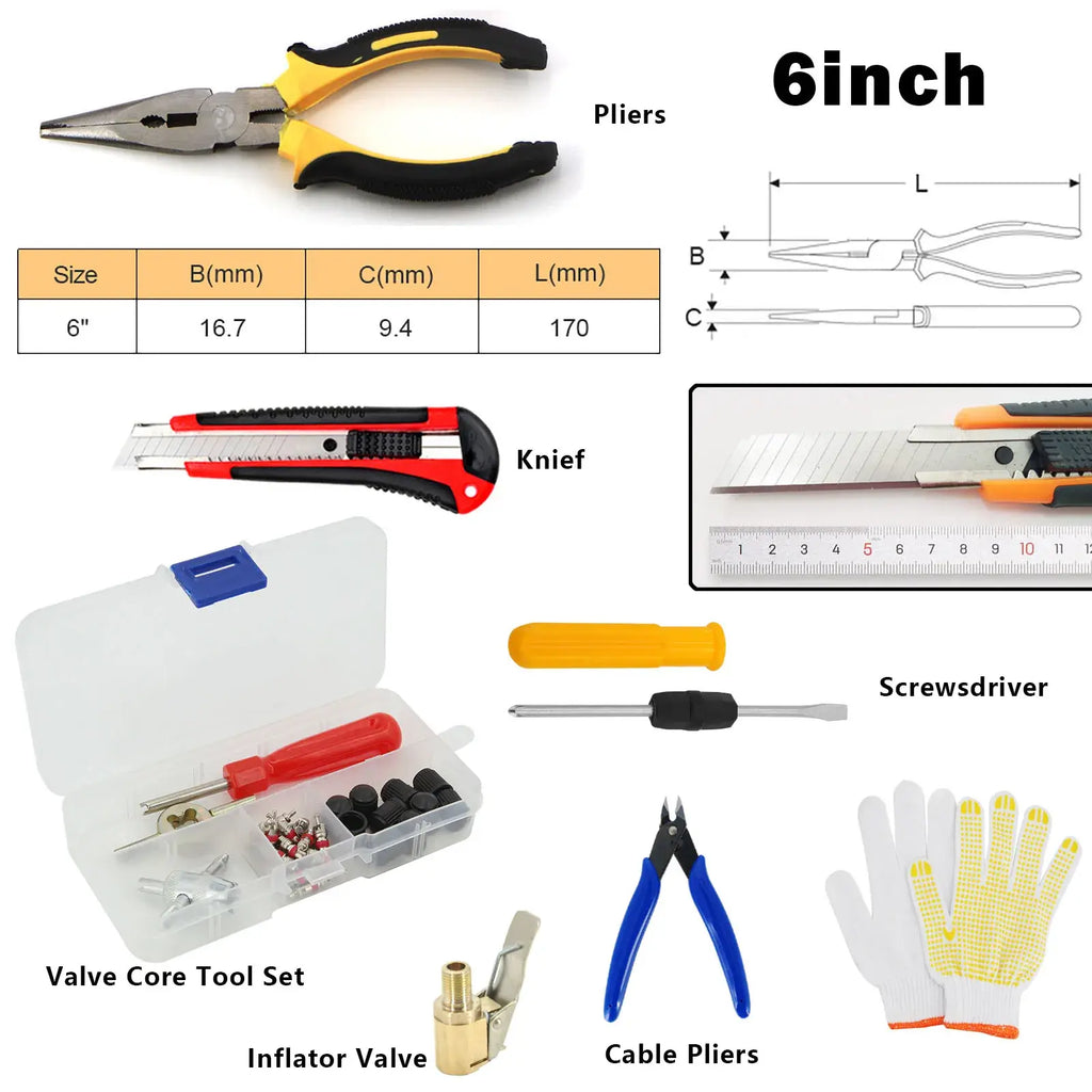 Car & Bicycle Tire Repair Tool Kit – 5-Piece Set with Needle-Nose Pliers, Vacuum Film & Portable Case | Roadside Emergency Puncture Repair