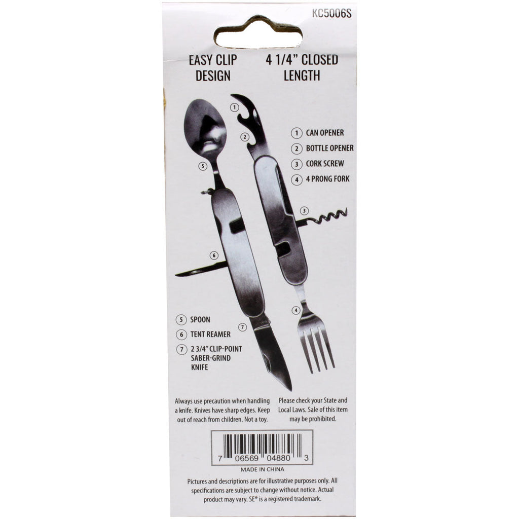 6-in-1 Stainless Steel Utility Tool – Knife, Fork, Spoon, Can & Bottle Opener for Camping & Family Emergency Kits