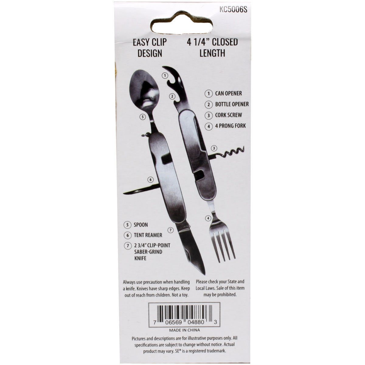6-in-1 Stainless Steel Utility Tool – Knife, Fork, Spoon, Can & Bottle Opener for Camping & Family Emergency Kits