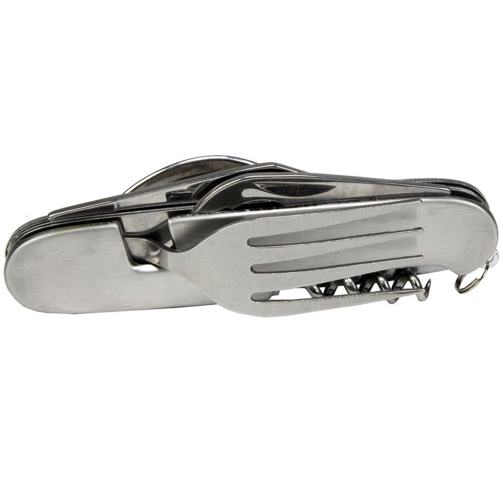6-in-1 Stainless Steel Utility Tool – Knife, Fork, Spoon, Can & Bottle Opener for Camping & Family Emergency Kits