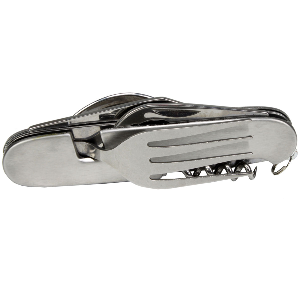 6-in-1 Stainless Steel Utility Tool – Knife, Fork, Spoon, Can & Bottle Opener for Camping & Family Emergency Kits