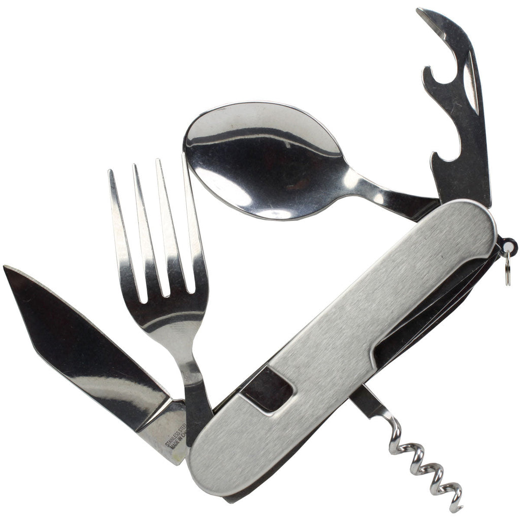 6-in-1 Stainless Steel Utility Tool – Knife, Fork, Spoon, Can & Bottle Opener for Camping & Family Emergency Kits