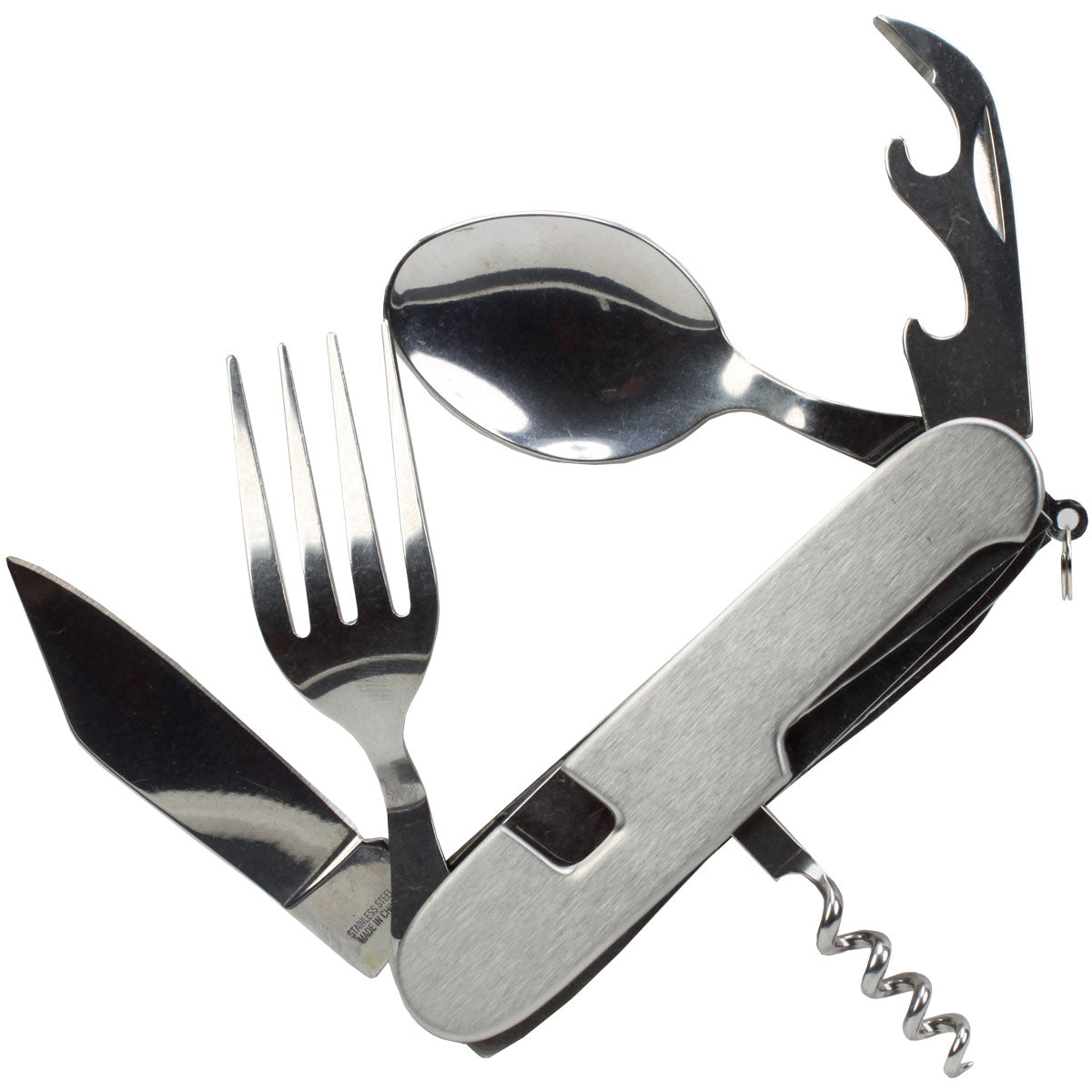 6-in-1 Stainless Steel Utility Tool – Knife, Fork, Spoon, Can & Bottle Opener for Camping & Family Emergency Kits