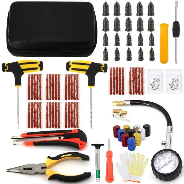 Car & Bicycle Tire Repair Tool Kit – 5-Piece Set with Needle-Nose Pliers, Vacuum Film & Portable Case | Roadside Emergency Puncture Repair