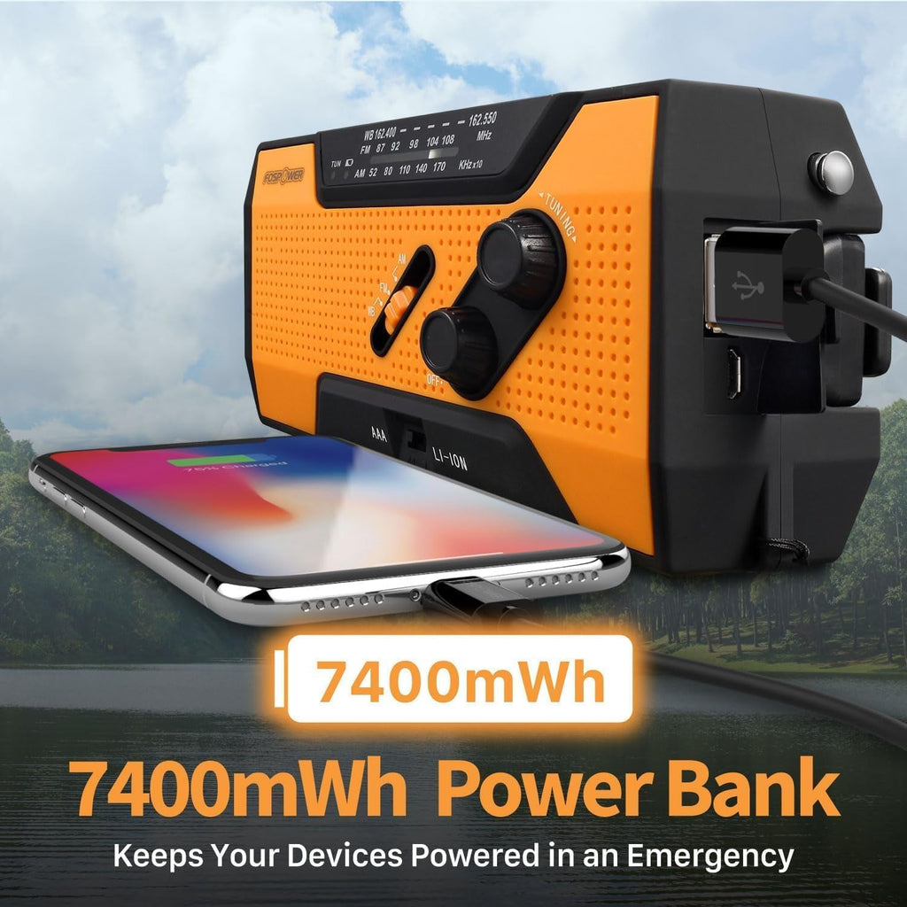FosPower Emergency Weather Radio – Hand Crank, Solar & Battery Powered | NOAA, AM/FM, Flashlight, SOS Alarm & Phone Charger for Family Road Trips & Disaster Preparedness