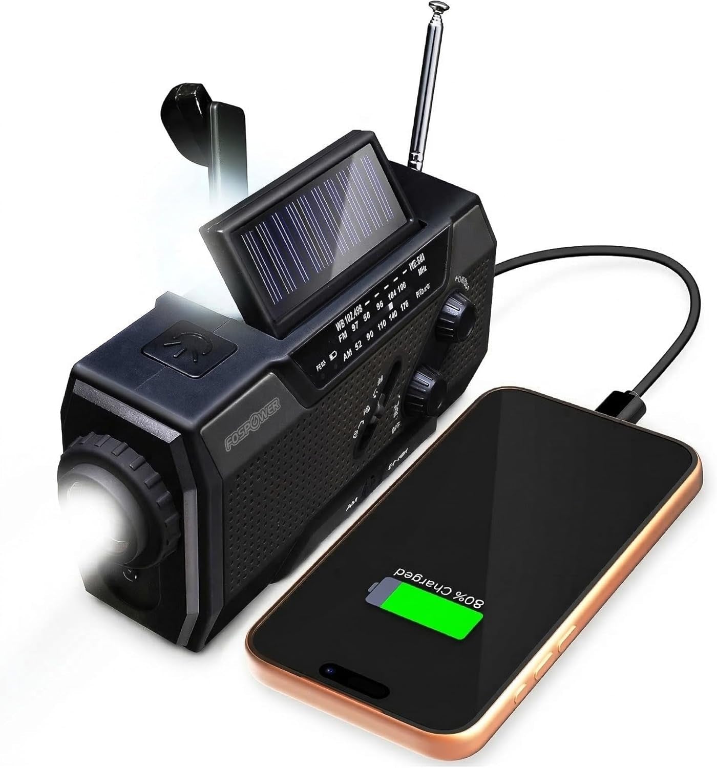 FosPower Emergency Weather Radio – Hand Crank, Solar & Battery Powered | NOAA, AM/FM, Flashlight, SOS Alarm & Phone Charger for Family Road Trips & Disaster Preparedness
