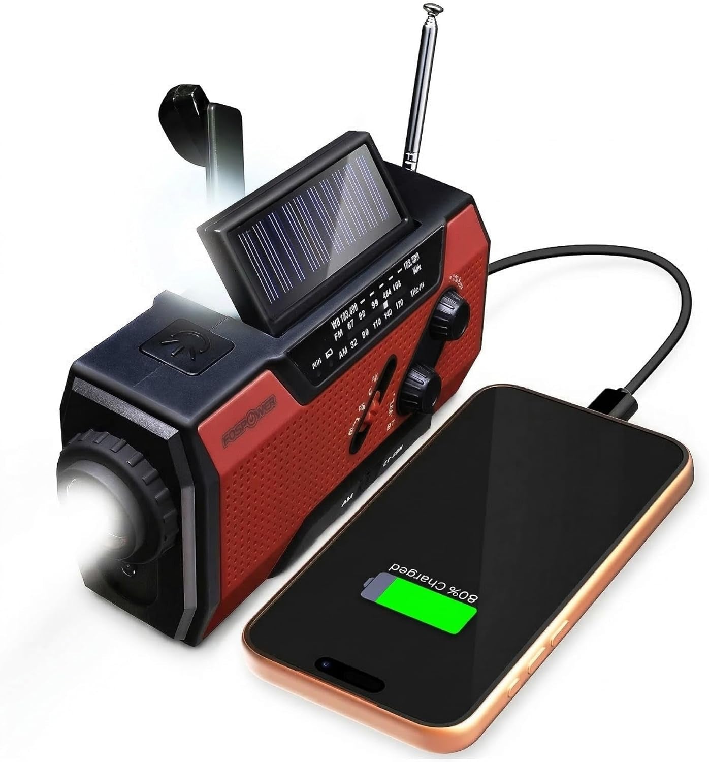 FosPower Emergency Weather Radio – Hand Crank, Solar & Battery Powered | NOAA, AM/FM, Flashlight, SOS Alarm & Phone Charger for Family Road Trips & Disaster Preparedness