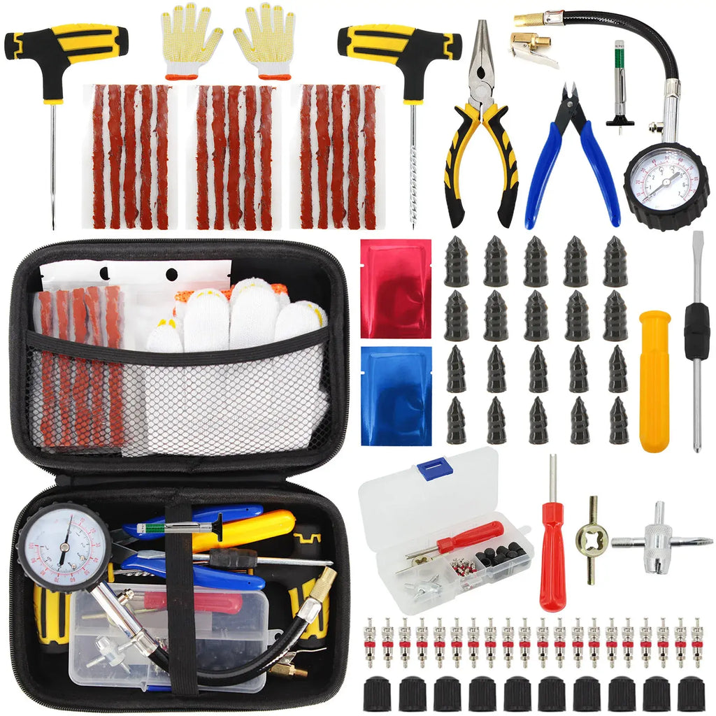 Car & Bicycle Tire Repair Tool Kit – 5-Piece Set with Needle-Nose Pliers, Vacuum Film & Portable Case | Roadside Emergency Puncture Repair