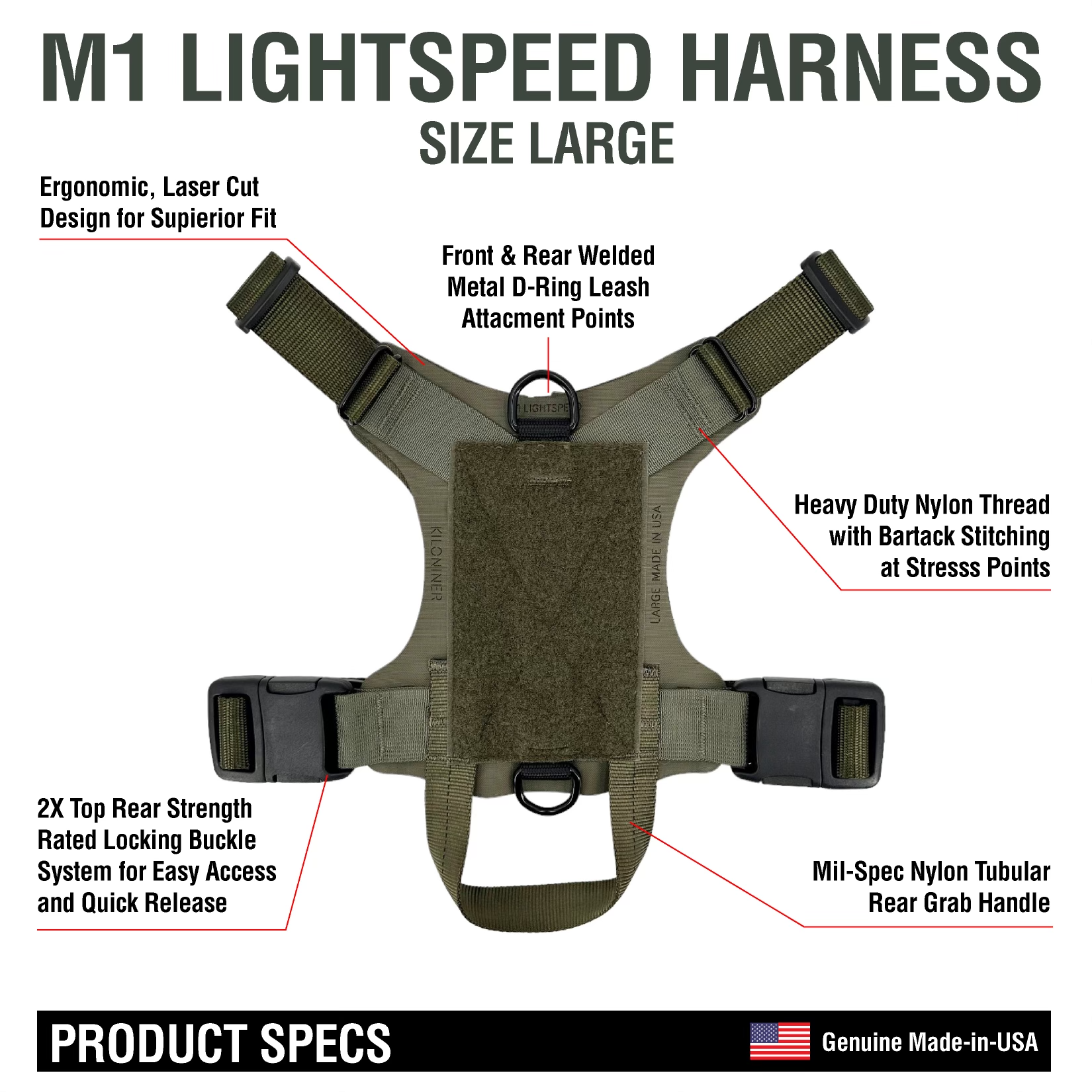 K9R M1 LightSpeed Dog Harness – Large | Made in USA, Lifetime Warranty, 5-Point Adjustment, 3 Leash Points | Adventure, Working & Training Harness