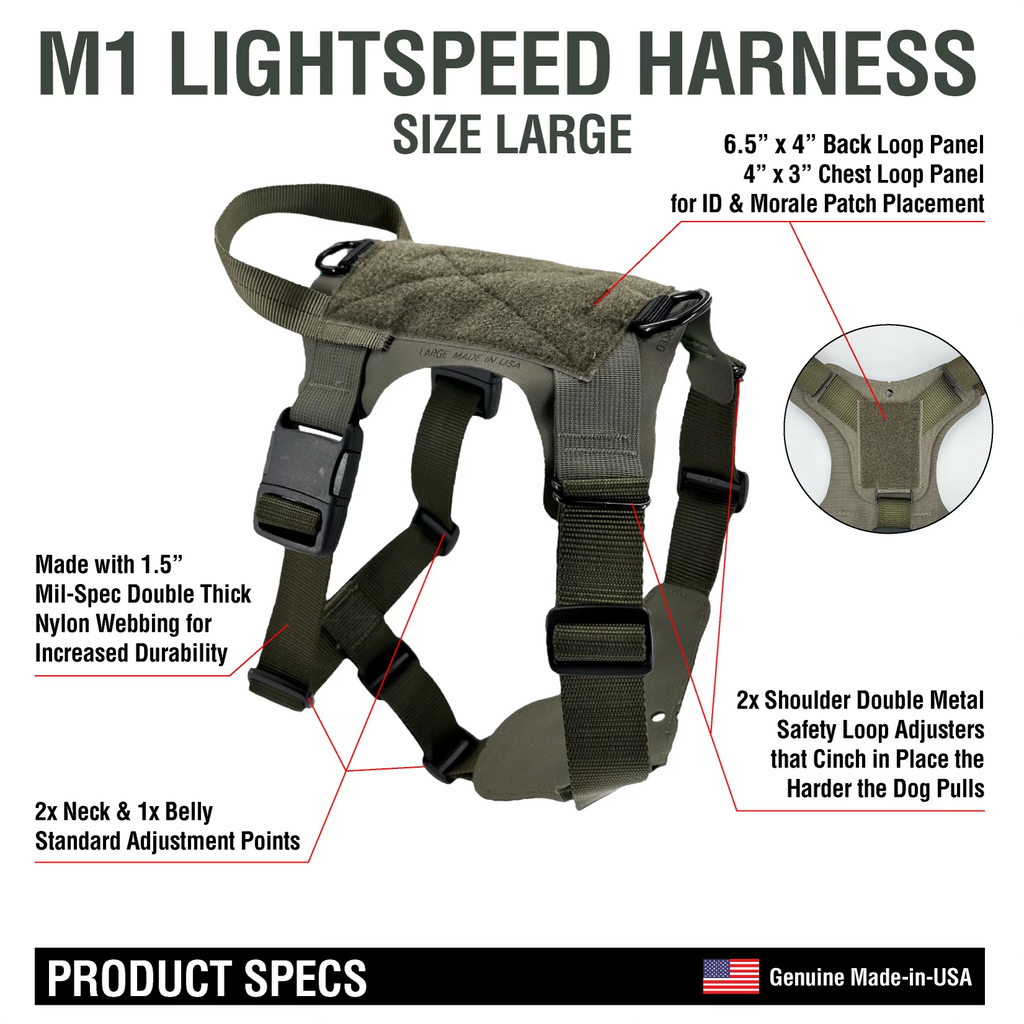K9R M1 LightSpeed Dog Harness – Large | Made in USA, Lifetime Warranty, 5-Point Adjustment, 3 Leash Points | Adventure, Working & Training Harness