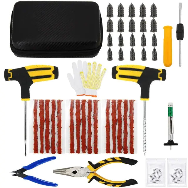 Car & Bicycle Tire Repair Tool Kit – 5-Piece Set with Needle-Nose Pliers, Vacuum Film & Portable Case | Roadside Emergency Puncture Repair