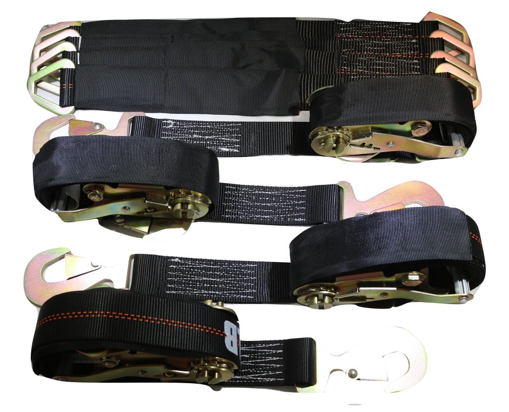 4-Pack Axle Strap & Ratchet Tow Strap Kit for Car Haulers | BLACK