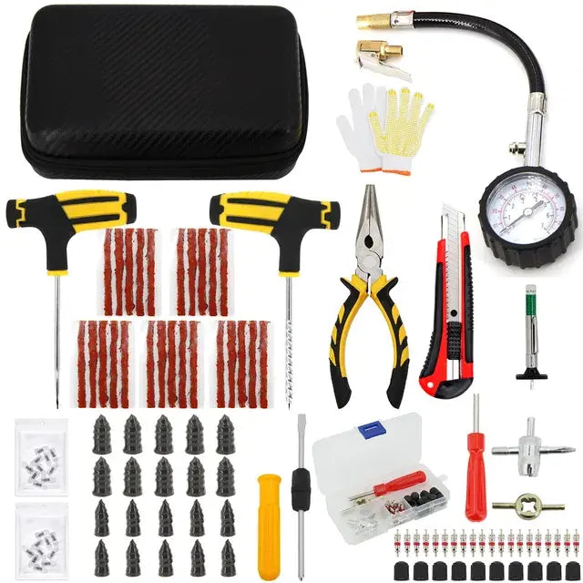 Car & Bicycle Tire Repair Tool Kit – 5-Piece Set with Needle-Nose Pliers, Vacuum Film & Portable Case | Roadside Emergency Puncture Repair